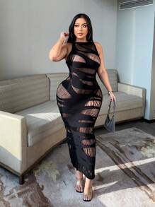 NU&NOW Váy sọc rỗng gợi cảm cho nữ cỡ lớn - màu đen - Xem 3