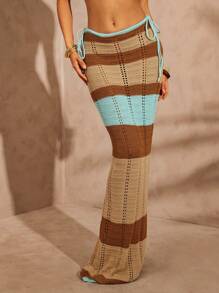 Hauture Low-Waist Brown And Beige Stripe Knitted Pants, Boho, Vacation