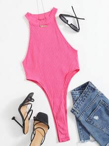 SHEIN ICON Solid Rib-knit Bodysuit - Hot Pink - View 2
