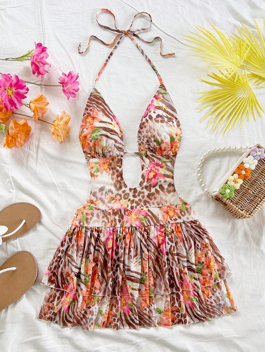 Soleia Đầm ngắn hở lưng họa tiết động vật và hoa gợi cảm dành cho nữ, cổ chữ V, buộc eo, viền bèo nhún, thích hợp mặc khi dự tiệc, đám cưới, hẹn hò, trà chiều, dạo phố, nghỉ dưỡng, lễ hội âm nhạc, bãi biển, váy nghỉ hè, trang phục Boho - màu nâu - Xem 1