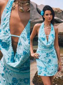 Poéselle Women's Mini Halter Sequin Dress,Light Blue Floral,Summer,Boho,Vacation,Holiday Backless Drop Waist Sun Dresses Elegant Beach Vacation Outfits - Blue - View 1