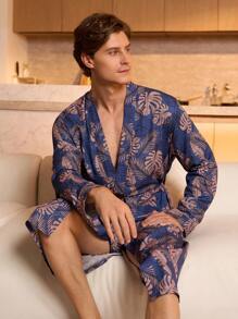 SHEIN Bata con cinturón para la cintura para hombre, de manga larga, apta para todas las estaciones