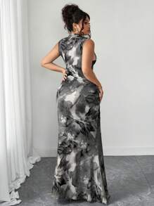 Elenzga Elegant Floral Print High Neck Sleeveless Dress, 2025 New High Waist Slimming Flattering Casual Long Dress, Retro Chic Ruffled Hem Belted Waist A-Line Dress For Summer