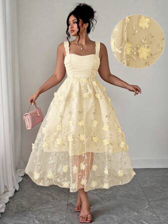 Elenzga 大码女式优雅法式露肩无袖纯色花卉印花长裙，高端浪漫春夏风格