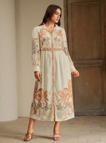 Anewsta Váy Maxi Tay Đèn Lồng In Hình Cây Dừa Kỳ Nghỉ Sang Trọng, Váy Dài Tay Thường Ngày Cho Nữ Đi Biển - Màu be - Xem 3