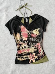 SHEIN EZwear Áo ba lỗ in khẩu hiệu hình con bướm cổ điển giản dị dành cho nữ - màu đen - Xem 4