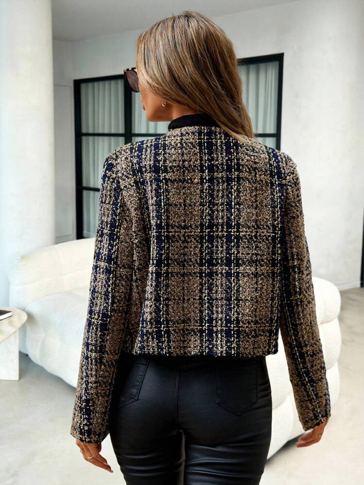 Lavishia Casaco Sobretudo Aberto na Frente com Bolso de Aba em Tecido Xadrez Tweed para Outono/Inverno - Multicolorido - Visão 2