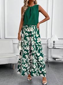 SHEIN Clasi 2pcs Women Easter Spring Green Curl Flower Print Pants Set - Multicolor - View 6