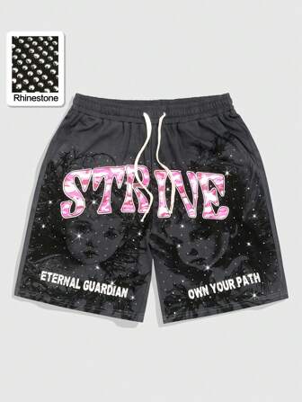 Pantaloncini casual estivi da uomo con vita elastica e laccetto, con stampa diamanti glitterati