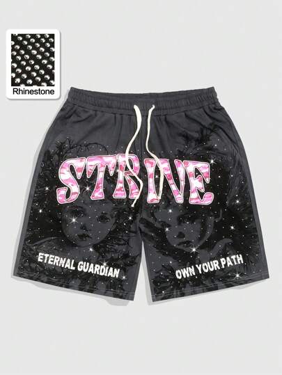 Men's Street Life Letter Elastic Waist Drawstring Casual Summer Shorts With Glitter Diamond Print