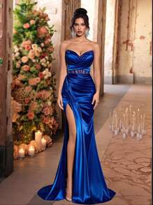 Glamrae Elegant Navy Blue Satin Strapless Waistband See-Through Fishbone Sequins Trimmed Side High Slit Mermaid Tail Train Dress, Suitable For Dates, Vacations, Birthdays, Parties, Graduations, Weddings, Formal Events, Party Dress, Gown, For Evening, Wedding Guest,Graduation,Graduation Dresses For Women,Back To School Dress