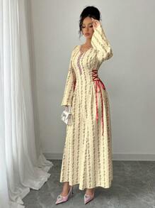 Yasmyna 女式碎花编织长袖荷叶边系带阿拉伯风格连衣裙 - 黃色 - 查看 3