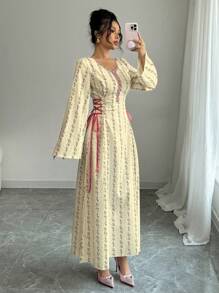 Yasmyna 女式碎花编织长袖荷叶边系带阿拉伯风格连衣裙 - 黃色 - 查看 4