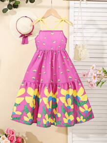 Vestido informal con estampado floral verde + sombrero para niñas, genial para uso diario, salidas, vacaciones, temporada de primavera/verano, nuevos lanzamientos