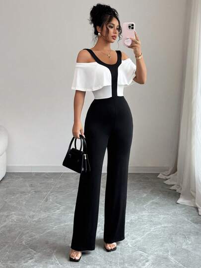 Selianne Women's Elegant Contrasting Color Splice Off-Shoulder Jumpsuit, Summer