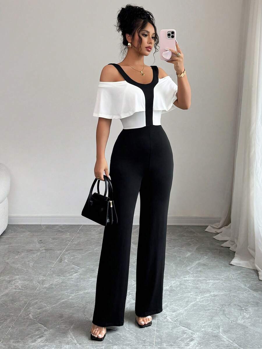 Selianne Mono elegante de mujer con color contrastante y hombros al descubierto para el verano - Blanco y Negro - Ver 1