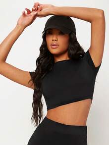 SHEIN BASICS 女款色假領短版上衣 - 黑色 - 查看 6