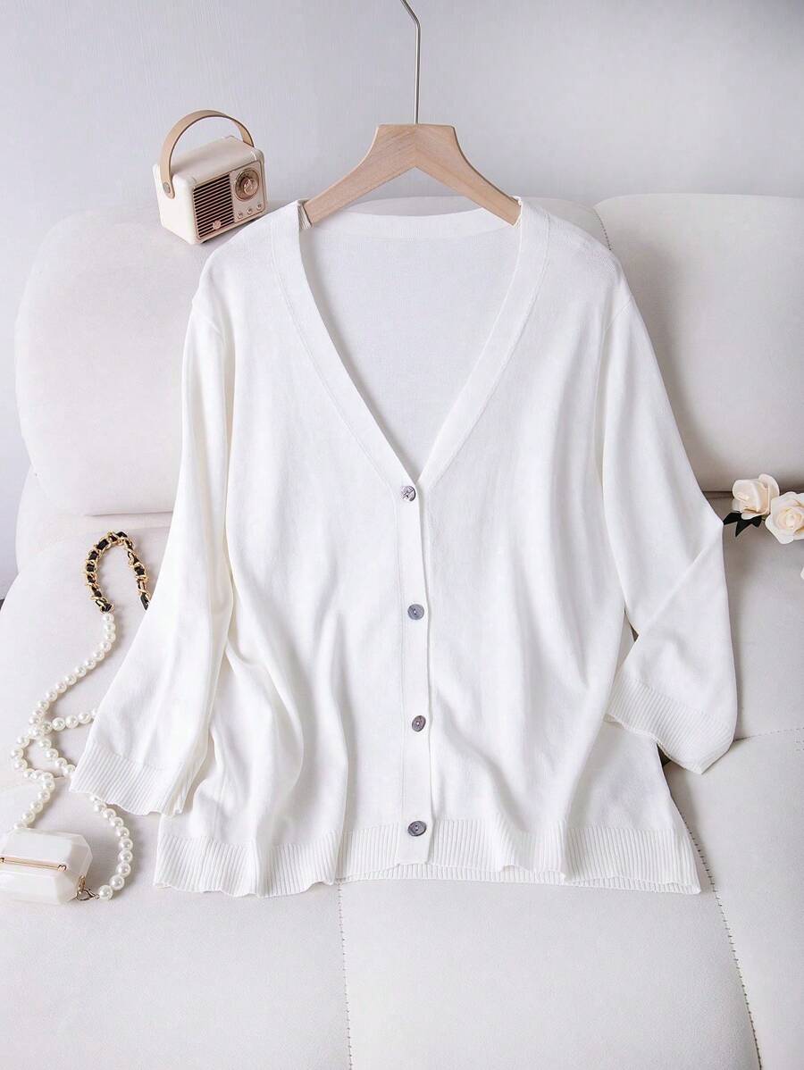 SHEIN LUNE Plus Size Solid Color Single-Breasted V-Neck Long Sleeve Casual White Cardigan - White - View 1