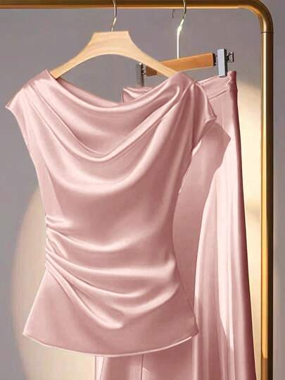 Franclia Women's Daily Elegant Plain Color Pleated Draping Collar Blouse