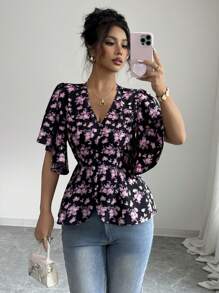 Elenzga Áo sơ mi nữ cổ chữ V họa tiết hoa phong cách Pháp thanh lịch, tay bồng, dáng ôm, thích hợp mặc khi đi làm, hàng ngày, đi nghỉ, trà chiều, mùa xuân và mùa hè - Hồng - Xem 3