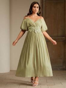 Anewsta 优雅露肩花卉装饰修腰修身大码女式连衣裙 - 綠色 - 查看 5