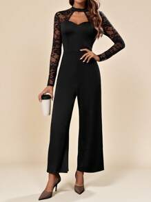 SHEIN Clasi Women's Splicing Lace Hollow Out Wide Leg Jumpsuit - Black - View 6