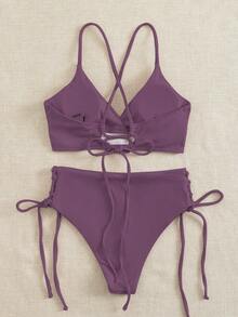 SHEIN Swim 2 件套女士深紫色沙滩装，深 V 领露背褶皱无线泳衣，休闲夏季沙滩泳装 - 淡紫色 - 查看 2