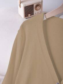 SHEIN LUNE 大码女式休闲简约纯色V领落肩宽松薄款开衫 - 駝色 - 查看 3