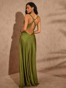 Hauture 女式夏季度假性感夜场橄榄绿后背扭纹低V领长裙 - 綠色 - 查看 2