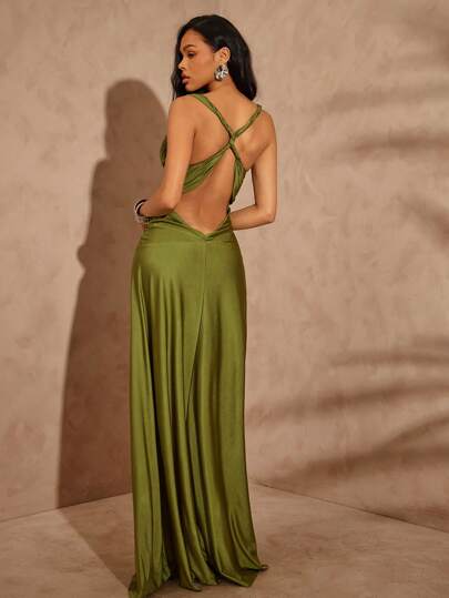 Hauture 女式夏季度假性感夜场橄榄绿后背扭纹低V领长裙