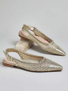 SHUZIA 女士时尚编织尖头露跟平底鞋 - 金色 - 查看 7