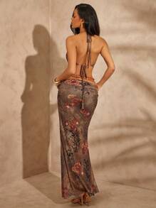Hauture Floral Print Halter Neck Dress