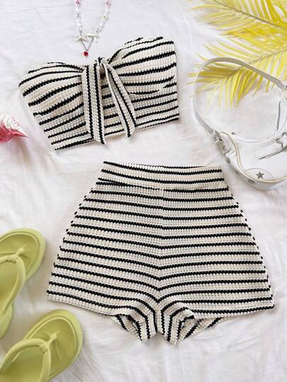 Soleia 2 piezas Conjunto de top corto a rayas y shorts de cintura alta para mujer, adecuado para vacaciones, citas, té de la tarde, playa, crucero, viaje a la ciudad, festival de música, estilo bohemio de playa