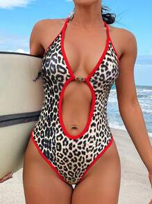 Swim Vcay Swim SXY Women Leopard Print Contrast Trim Plunge Neck Cross Back Metal Floral Decor Sexy Beach One-Piece Swimsuit For Summer Beach Vacation