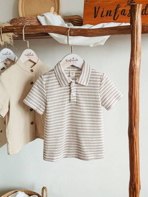 SHEIN Vintaside Kids Young BoyPolo Shirt, Vacation Countryside Handmade Texture Fabric, Spring/Summer Fashion Casual All-Match Top