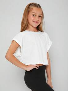 青少年女孩素色圓領蝙蝠袖短袖休閒百搭T恤 - 白色 - 查看 2