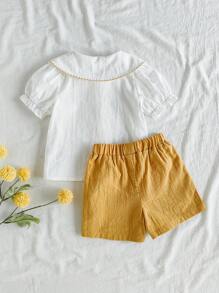 SHEIN Vintaside Kids طقمين ملابس أنيقة وعصرية للأطفال البنات لفصلي الربيع والصيف، طراز القرية المجعد المنقش