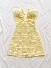 Soleia Women's Sexy Asymmetrical Neckline Fitted Mini Dress, Suitable For Vacation, Beach, Summer Outfits, Boho Style, Vacation, Crochet, Linen, Textured - Yellow - View 4