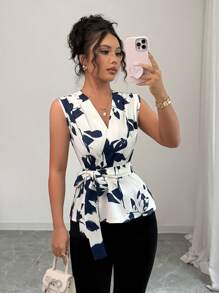 Elenzga Women's Elegant Floral Print Waist V-Neck Sleeveless Blouse, Summer