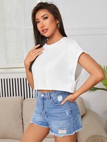 SHEIN EZwear 女士纯色圆领蝙蝠袖休闲T恤 - 白色 - 查看 4