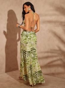 Hauture Sexy Summer Vacation Olive Green Zebra Animal Printed Plunge Hallow Out Maxi Dress - Green - View 4