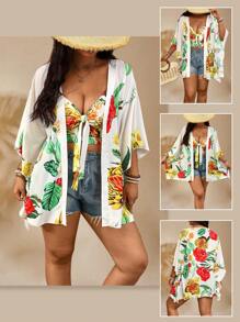 SHEIN Clasi Plus Size Femei Vară Nou Sosire Casual Beach Resort Imprimat în stil boem Resort Beach Cardigan cu mânecă lungă, Pantaloni scurți largi cu talie elastică Set 2 buc, primăvară/vară - Multicolor - Vizualizare 1
