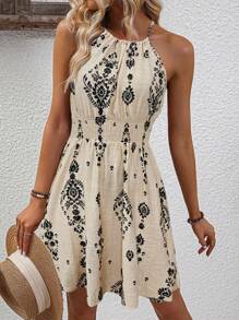 SHEIN Clasi 女式印花收腰 A 字连衣裙，休闲假日日常穿着 - 杏色 - 查看 4