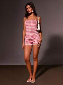 Athîral Women's Check Print Cami & Shorts 2pcs Set, Spring Summer - Pink - View 3