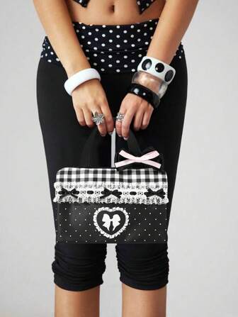 Anime Organizador de maquillaje de gran capacidad con estilo floral de encaje y diseño de parches a cuadros, bolso cosmético portátil con moño, estilo adolescente lindo 401422