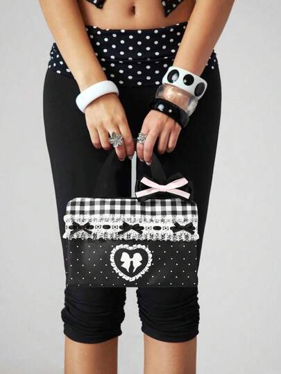 Anime Cute Teenage Girl Style Floral Lace & Plaid Patchwork Bow Pattern Large Capacity Portable Cosmetic Organizer Makeup Bag 401422