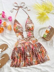Soleia Đầm ngắn hở lưng họa tiết động vật và hoa gợi cảm dành cho nữ, cổ chữ V, buộc eo, viền bèo nhún, thích hợp mặc khi dự tiệc, đám cưới, hẹn hò, trà chiều, dạo phố, nghỉ dưỡng, lễ hội âm nhạc, bãi biển, váy nghỉ hè, trang phục Boho - màu nâu - Xem 6