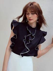 MOTF STUDIO Blusa con dettagli volant e profili a contrasto - nero - Visualizzare 3
