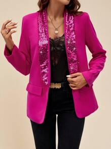 SHEIN Clasi 女式亮粉色拼色亮片翻领修身西装外套，适合秋冬季派对和办公室穿着 - 玫紅色 - 查看 8