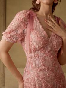 MOTF PREMIUM APPLIQUES LACE OVERLAY BOW SHOULDER PUFF SLEEVE DRESS - Pink - View 2